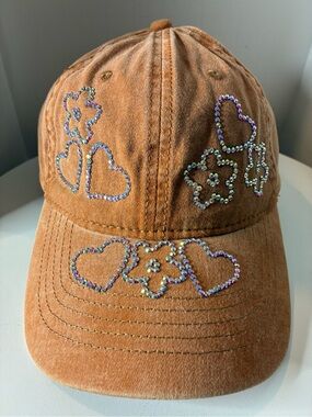 Women Orange washed Custom Rhinestone Heart & Flower Cap